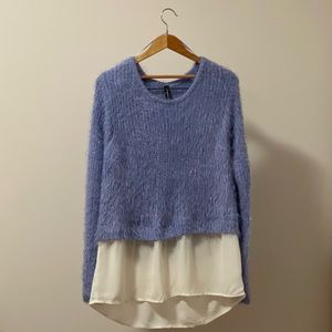 Jess Blue Fluffy Crew Neck Sweater With Faux Shirt Tails